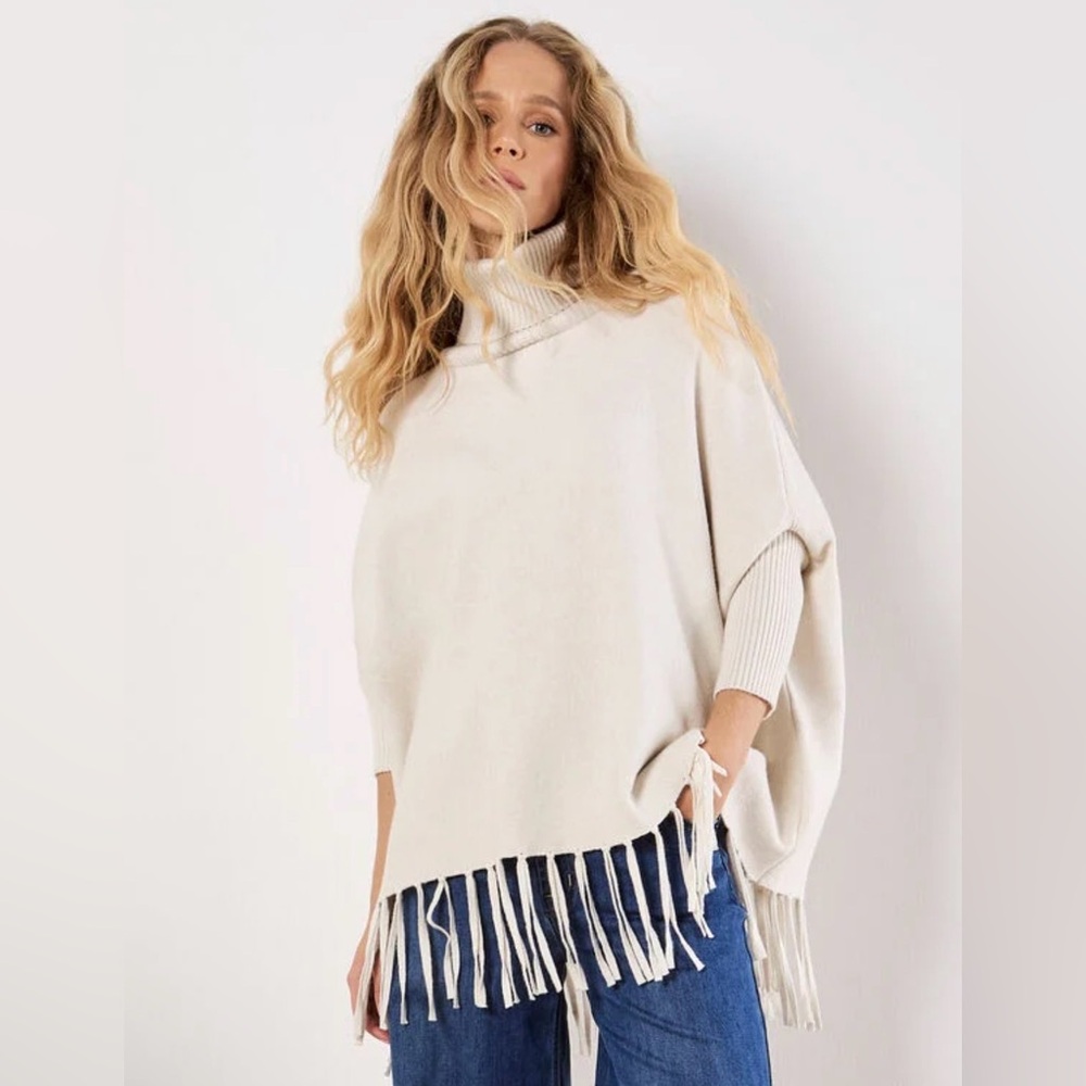 Apricot 🍑 - Women’s Cream Turtleneck Fringe Poncho Sweater - Picture 2 of 6